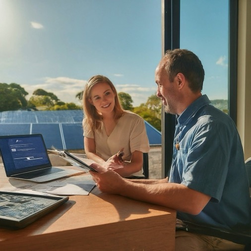 Beratungsgespräch über Pronovo-Förderung und Netzanschluss für eine Photovoltaikanlage