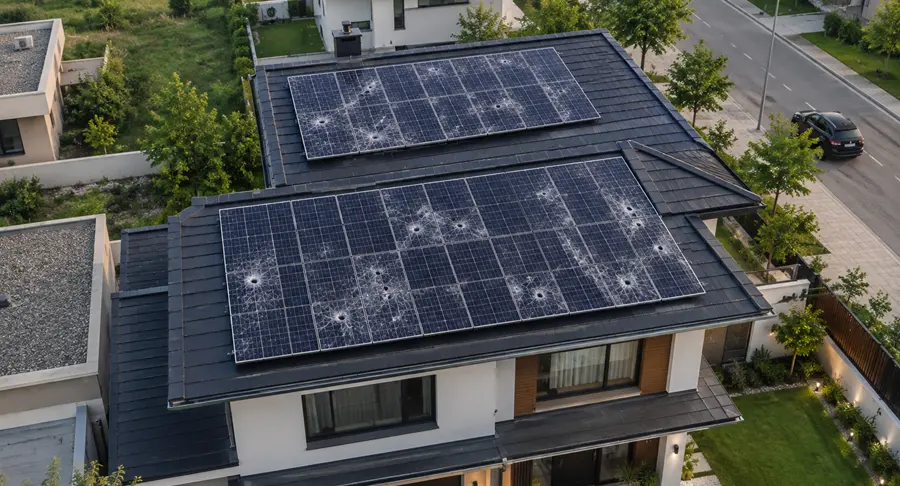 Hagelschaden an Solarmodul auf einem Dach im Kanton Zürich