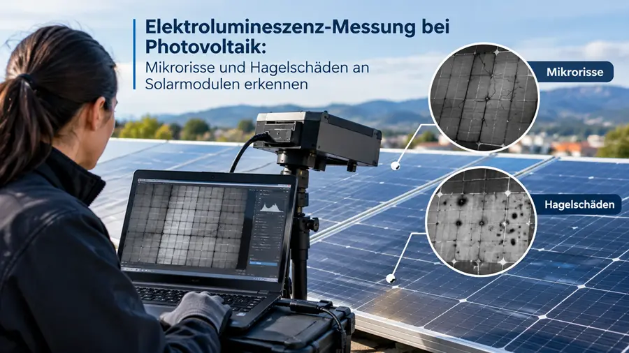 EL-Messung Photovoltaik Zürich – Elektrolumineszenz-Aufnahme eines Solarmoduls mit Mikroriss